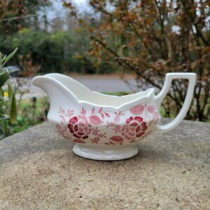 Staffordshire Victoria Red Gravy Boat With Handle Pink Transferware JG Meakin